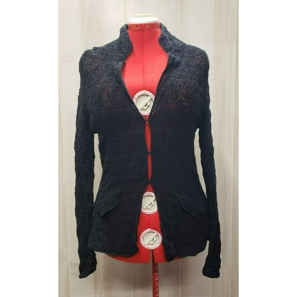 Talbots Black Cardigan Sweater, Open Weave Crochet 100% Cotton, Boho Long Sleeve - Picture 1 of 10